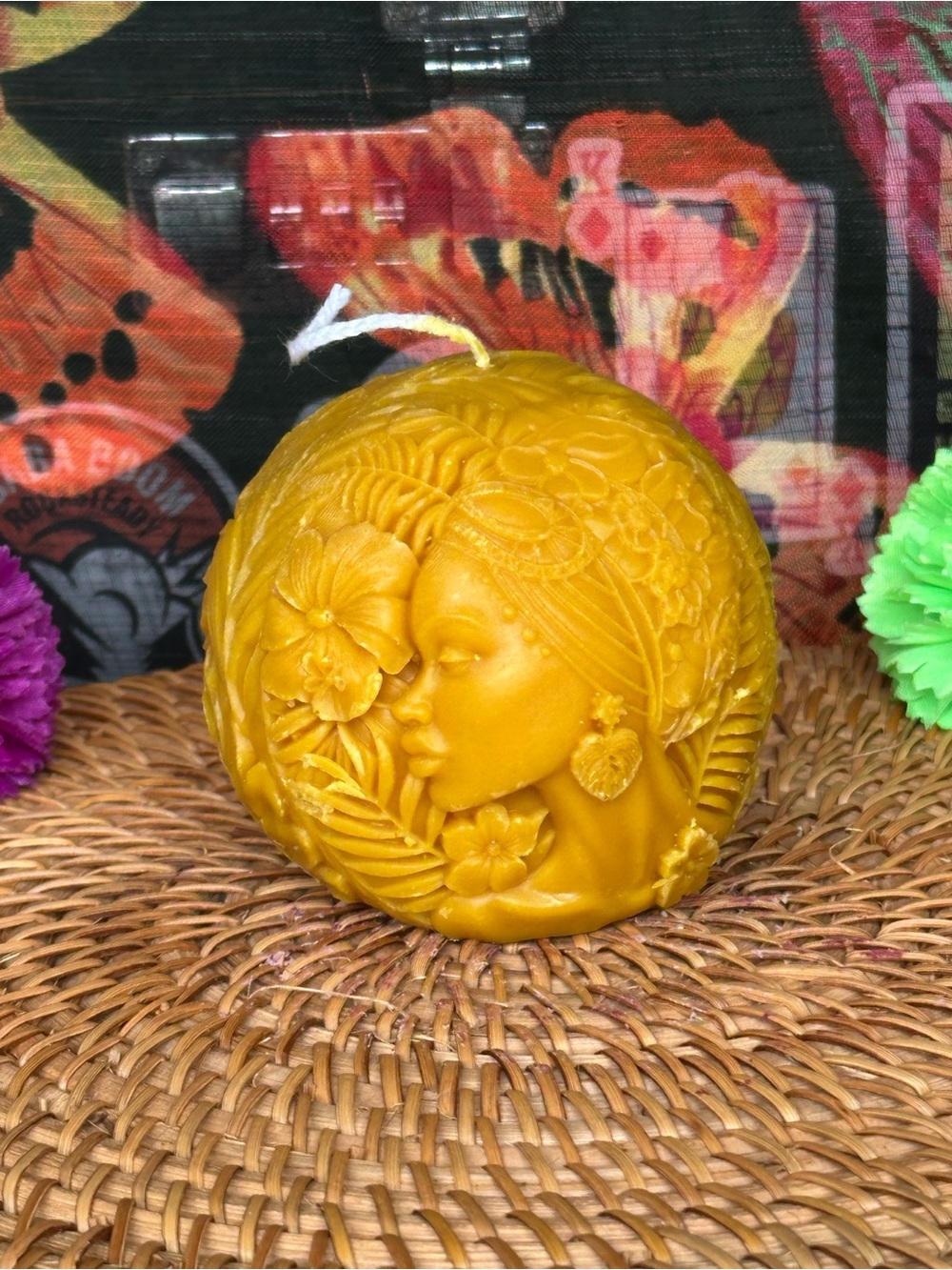 Handmade Golden Floral Woman Candle – Botanical Portrait Figure